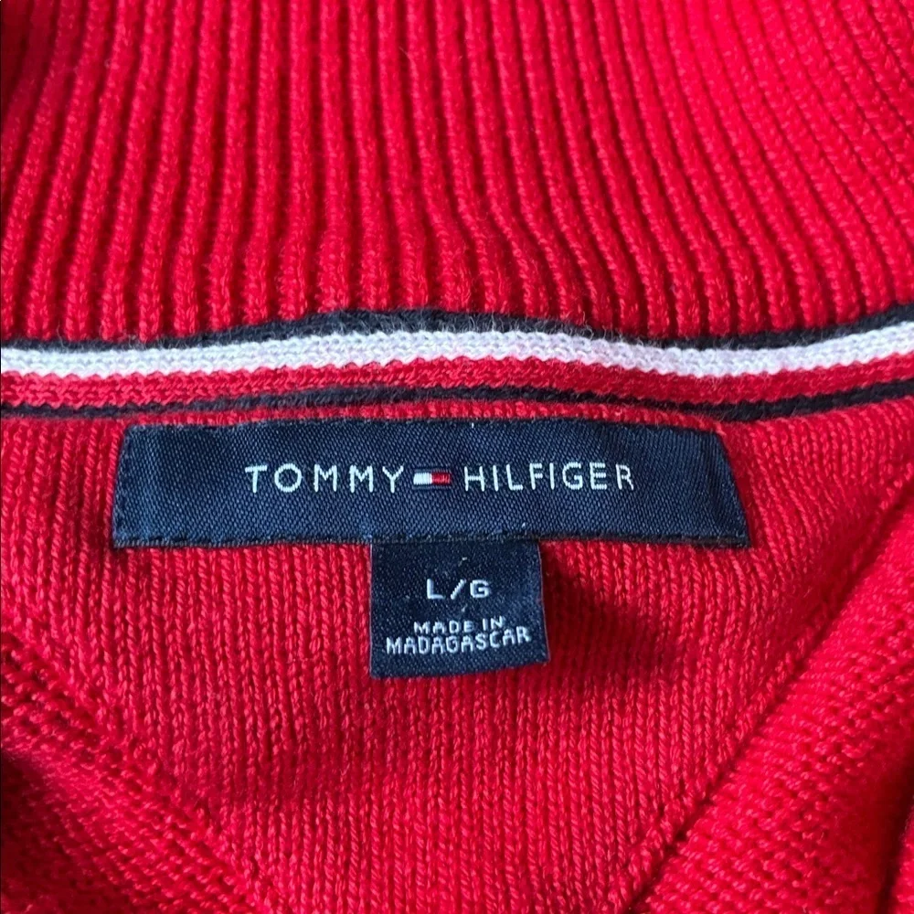 Tommy Hilfiger Men's L Quarter Zip Sweater Red Cotton  Preppy